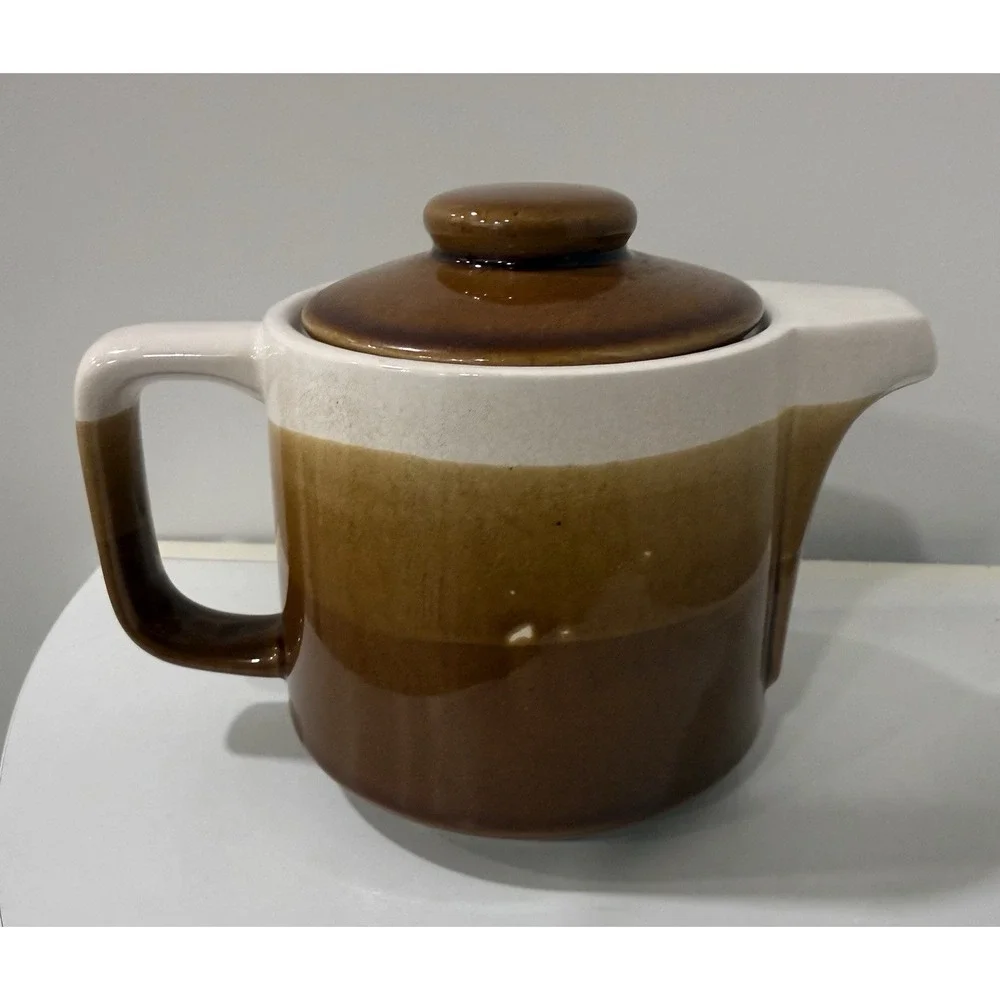 Vintage Pottery Tea Pot Creamer Tan Brown Specked Glaze with Lid Made in Japan